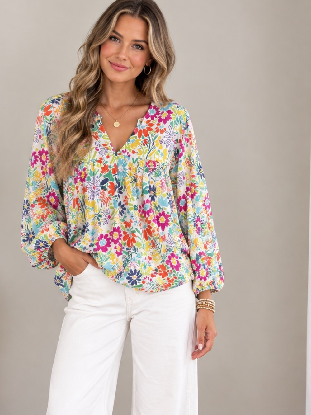First Love Multicolor Floral V-Neck Peasant Blouse